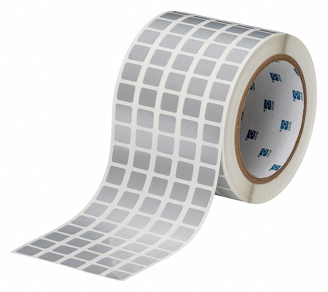 Pre-Cut Label Stock Roll: 7/16 in x 1/2 in, 3 11/32 in x 7/16 in, Metalized Polyester, Silver