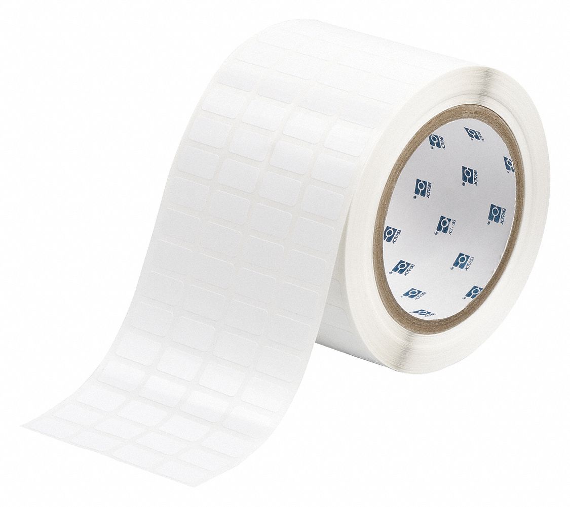 Pre-Cut Label Stock Roll: 3/8 in x 45/64 in, 3 11/32 in x 3/8 in, Polyester, White (Gloss)