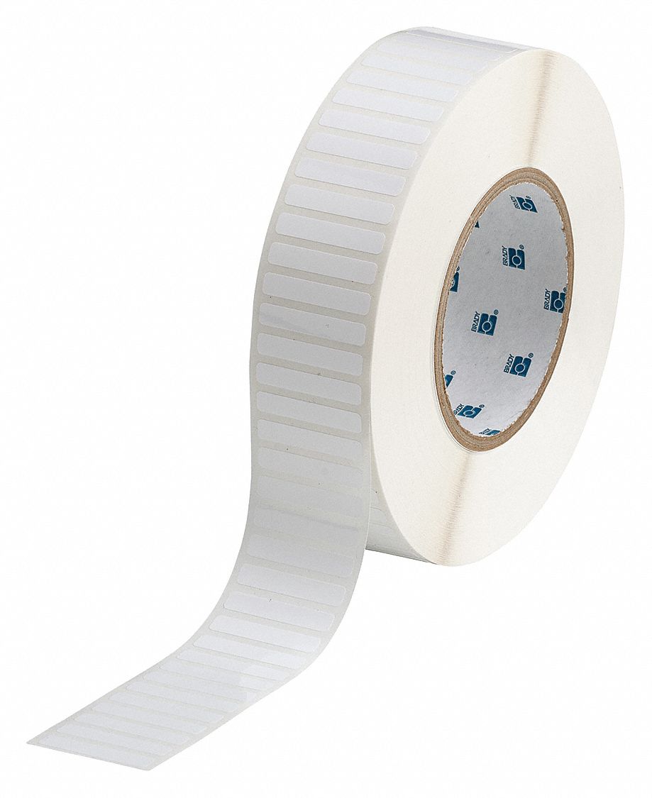 Pre-Cut Label Stock Roll: 1/4 in x 1 3/8 in, Acrylic, Aggressive Adhesive/Permanent Adhesive