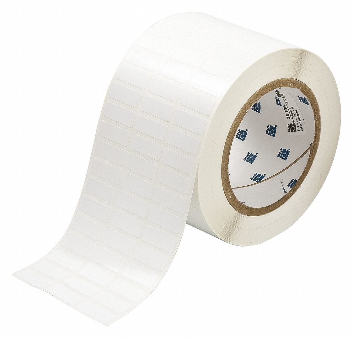 Pre-Cut Label Stock Roll: 3/8 in x 1 in, 3/8 in, Polyester, Permanent Adhesive, White (Gloss)