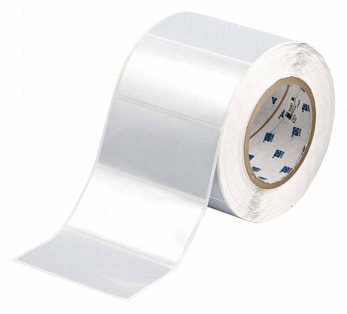 Pre-Cut Label Stock Roll: 2 in x 4 in, 4 13/64 in x 2 in, Metalized Polyester, Metal Detectable