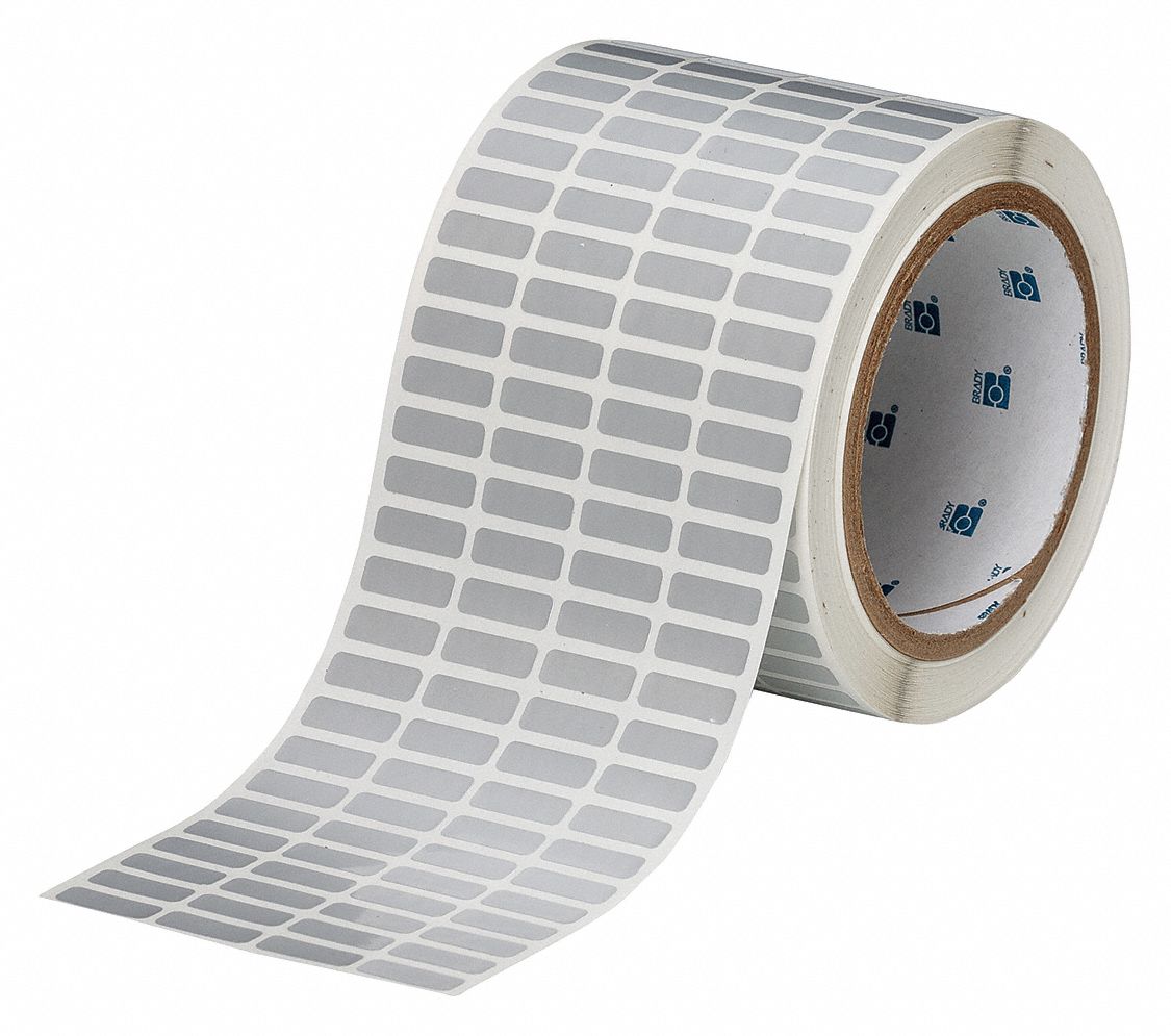 Pre-Cut Label Stock Roll: 1/4 in x 3/4 in, 3 11/32 in x 1/4 in, Metalized Polyester, Silver