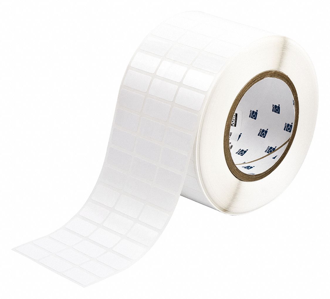 Pre-Cut Label Stock Roll: 1/2 in x 1 in, Rubber, Aggressive Adhesive/Permanent Adhesive