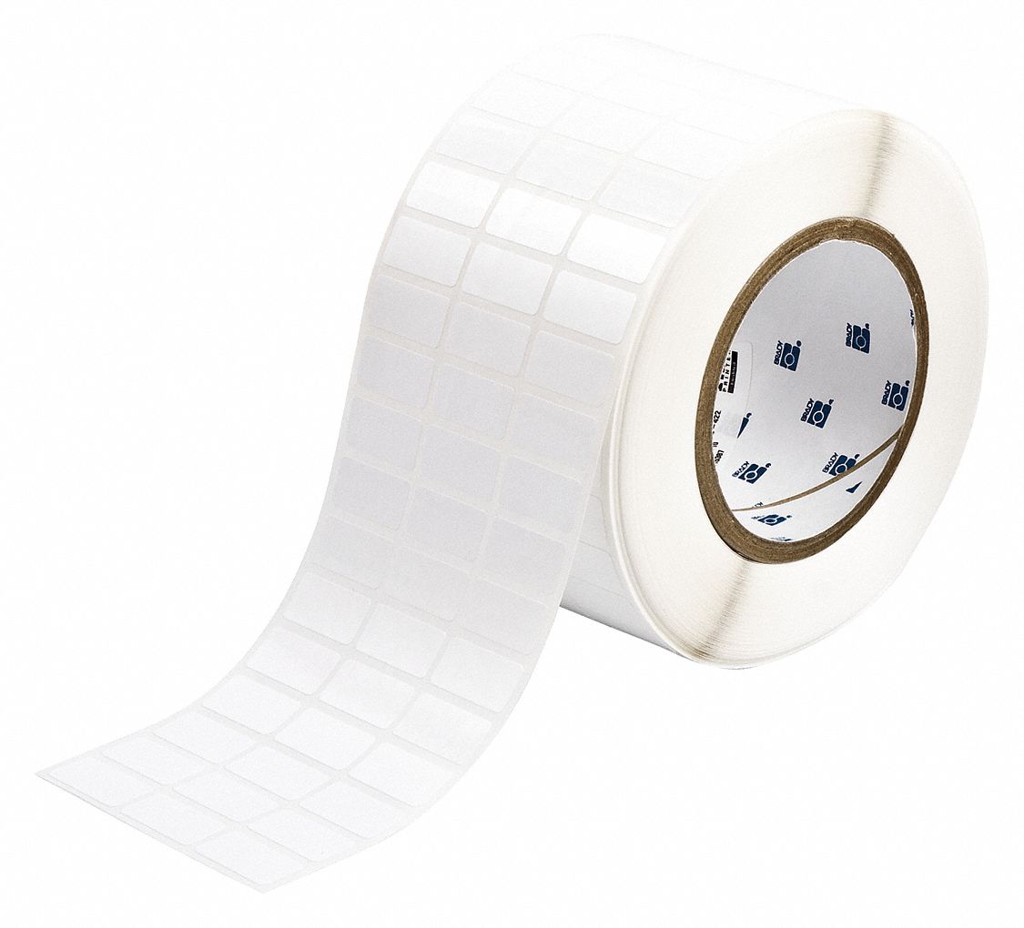 Pre-Cut Label Stock Roll: 1/2 in x 1 in, 3 11/32 in x 1/2 in, Polyester, Permanent Adhesive
