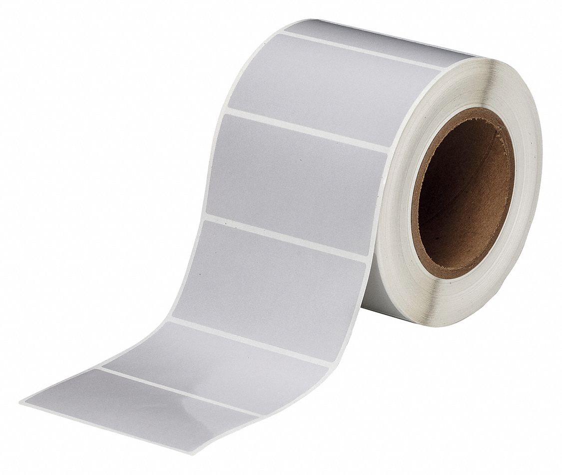 Pre-Cut Label Stock Roll: 2 in x 4 in, 2 in, Polyester, Gray, 1, 000 Labels per Roll