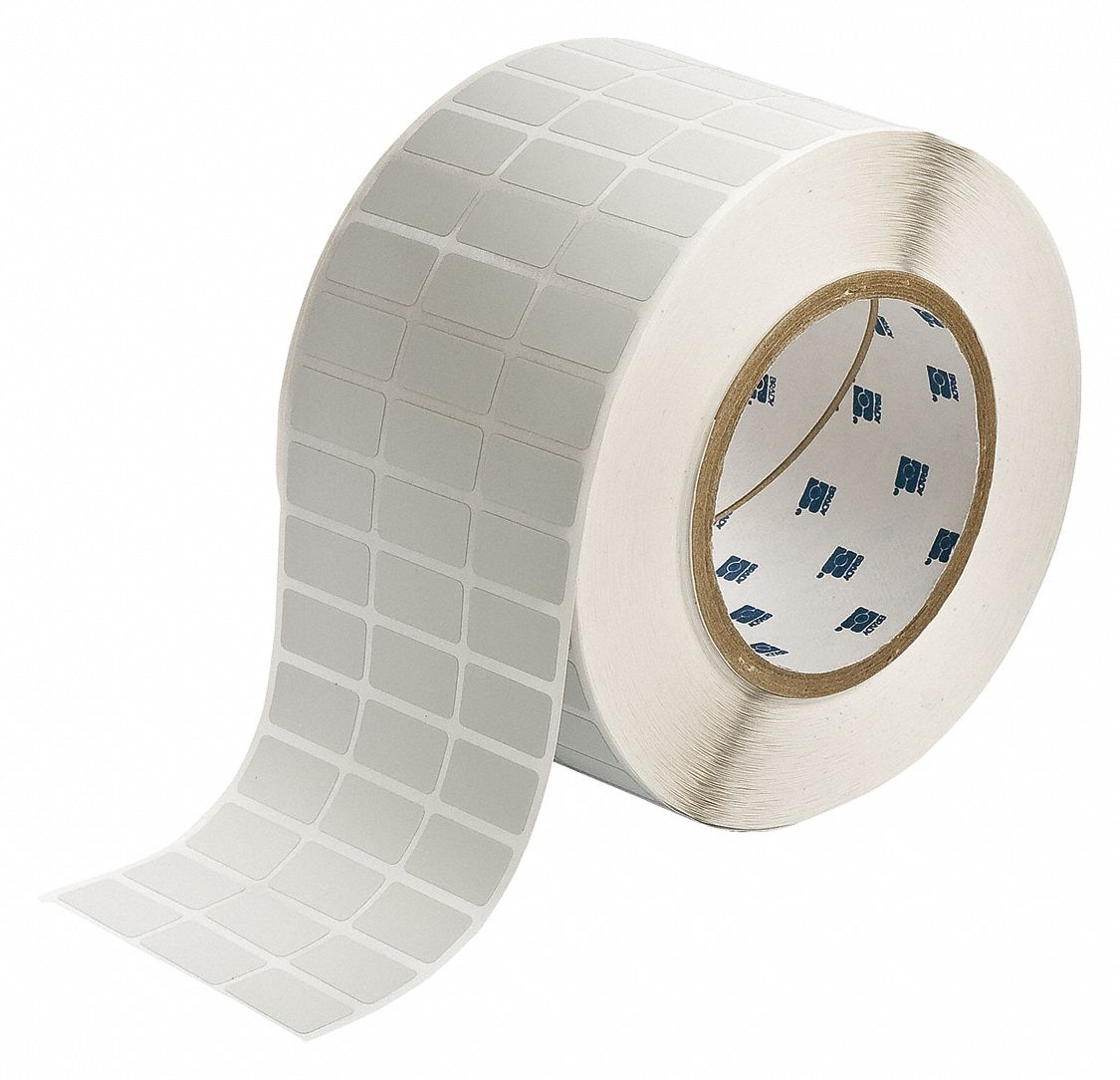 Pre-Cut Label Stock Roll: 1/2 in x 1 in, 3 11/32 in x 1/2 in, Metalized Polyester, Metal Detectable