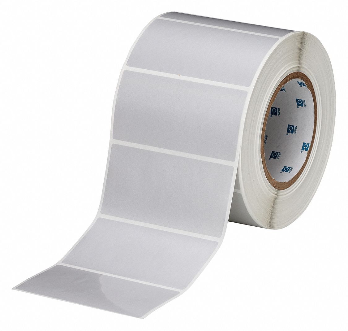 Pre-Cut Label Stock Roll: 2 in x 4 in, 2 in, Polyester, Gray, 1, 000 Labels per Roll