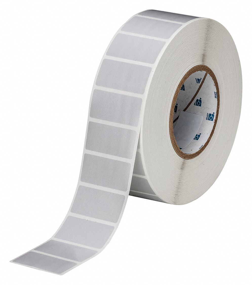 Pre-Cut Label Stock Roll: 1 in x 2 in, 2 13/64 in x 1 in, Polyester, Gray, 3, 000 Labels per Roll