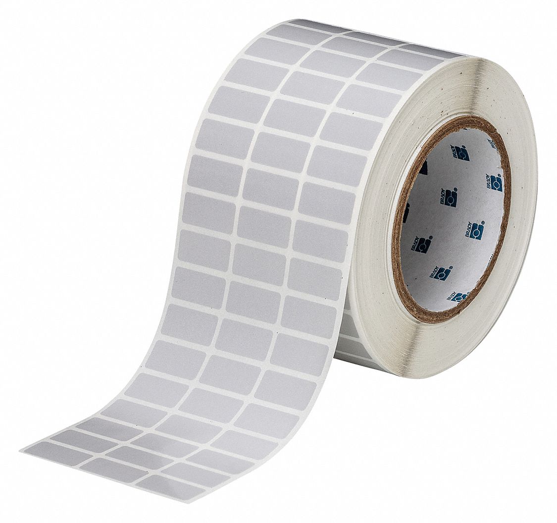 Pre-Cut Label Stock Roll: 1/2 in x 1 in, 3 11/32 in x 1/2 in, Polyester, Gray