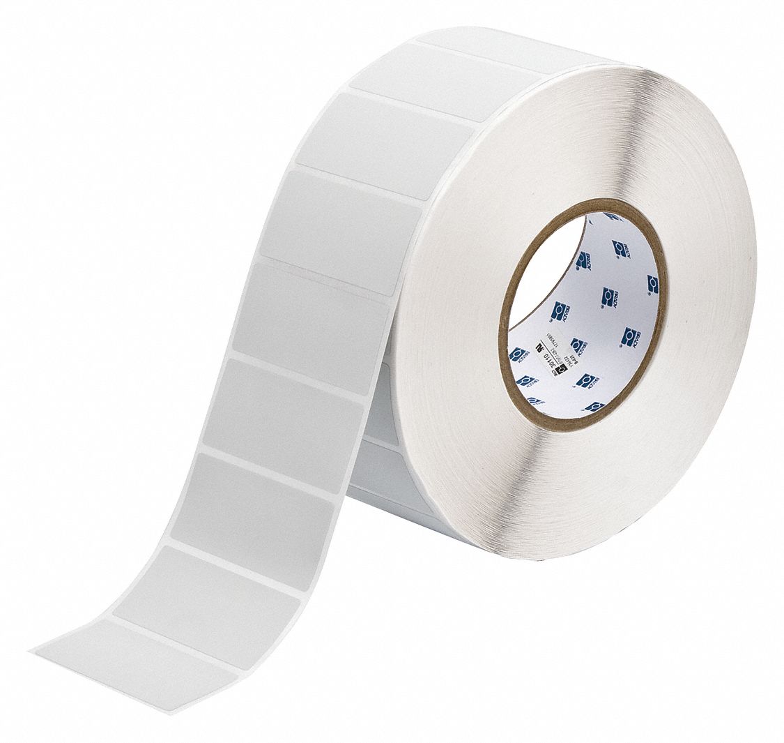 Pre-Cut Label Stock Roll: 1 1/4 in x 2 3/4 in, Rubber, Aggressive Adhesive/Permanent Adhesive