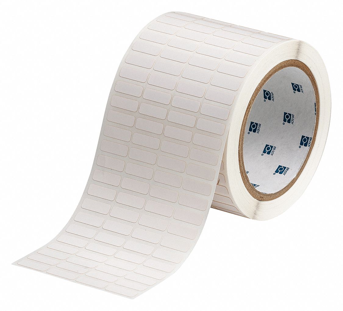 Pre-Cut Label Stock Roll: 1/4 in x 3/4 in, 3 11/32 in x 1/4 in, Polyimide, Permanent Adhesive
