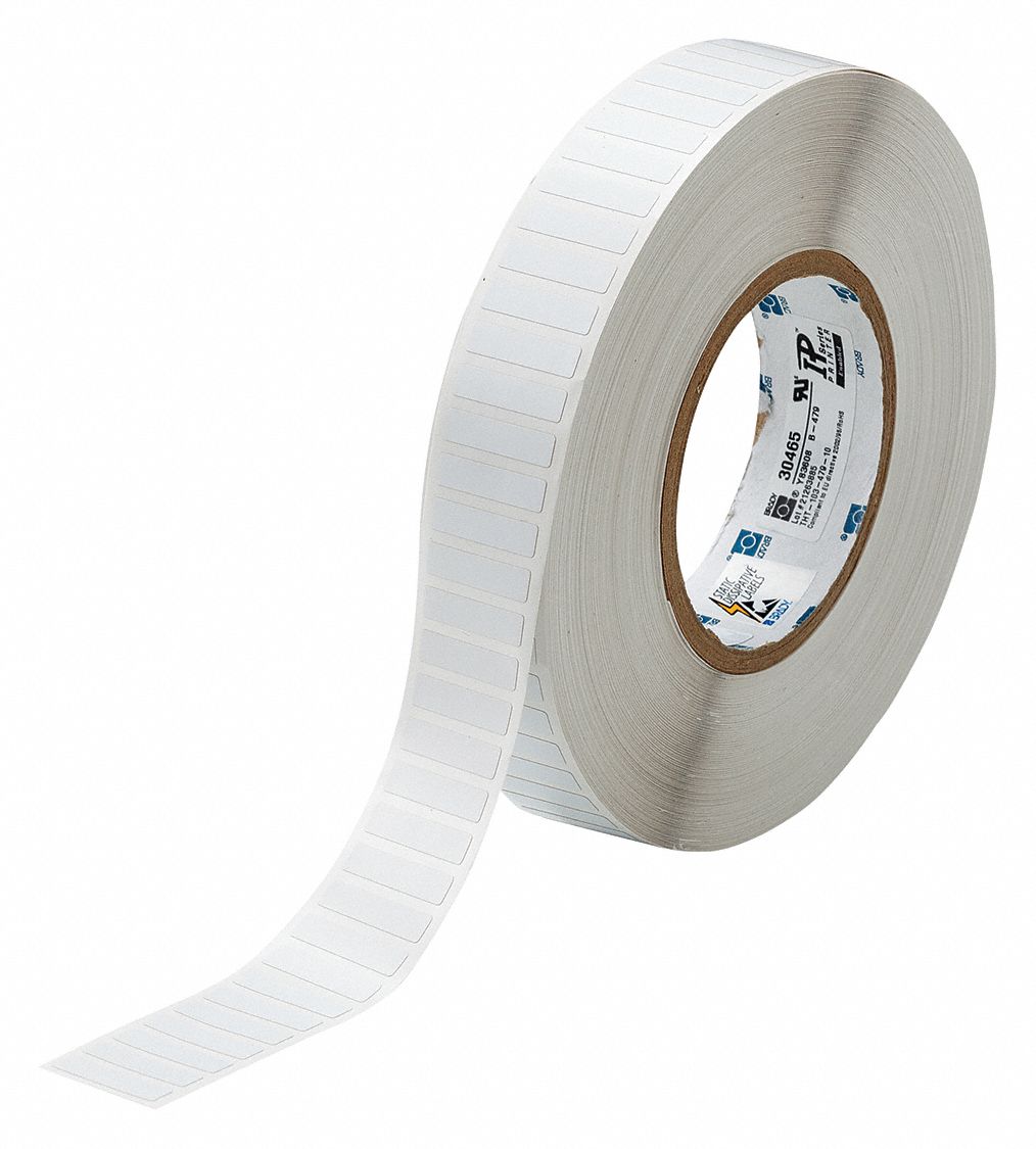 Pre-Cut Label Stock Roll: 1/4 in x 1 in, 1 13/64 in x 1/4 in, Polyimide, Permanent Adhesive