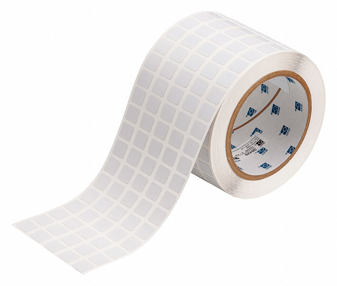 Precut Label Roll: 7/16 in x 1/2 in, 3 11/32 in, Polyimide, White ( Gloss ), 10, 000 Labels per Roll