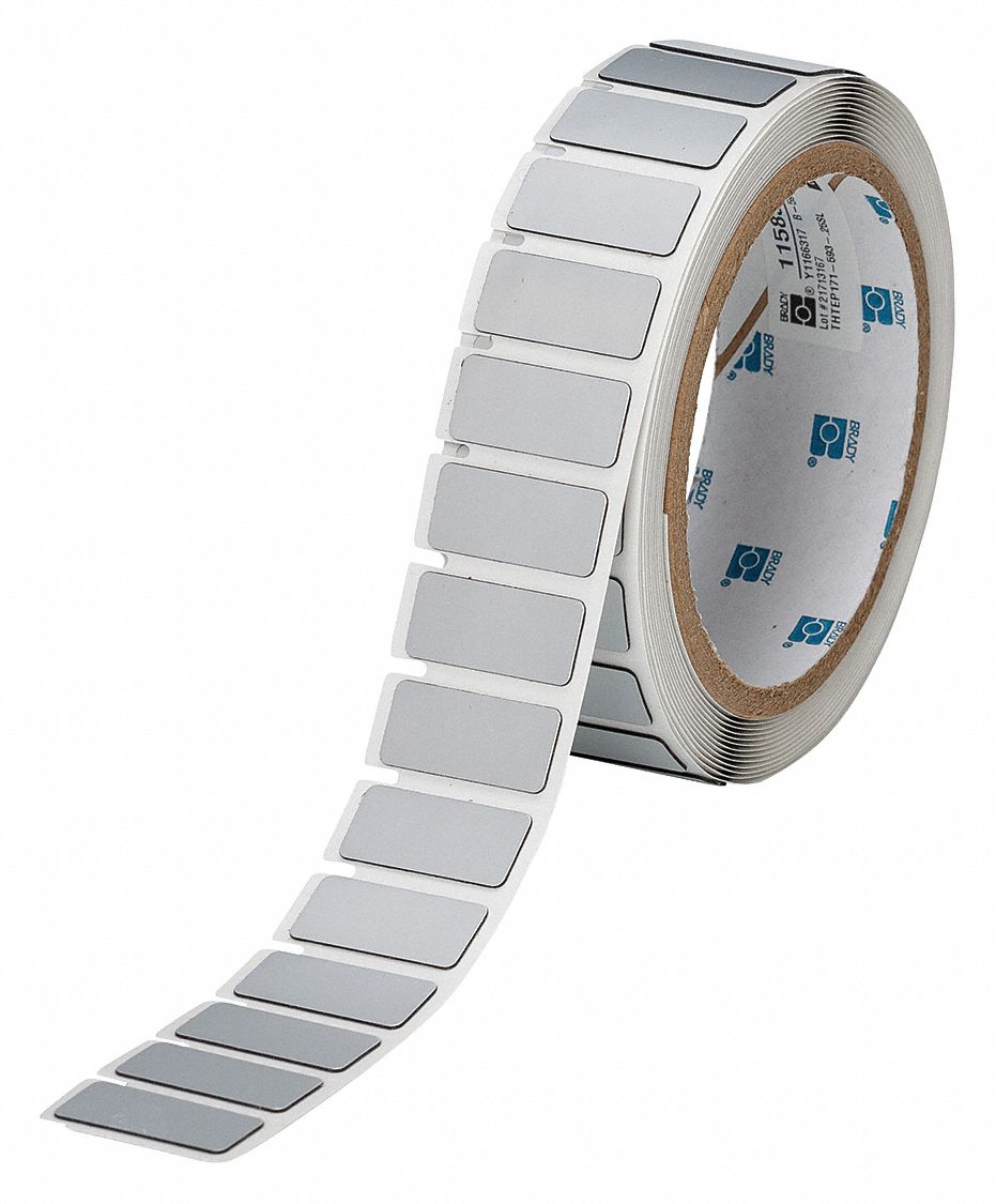 Pre-Cut Label Stock Roll: 31/64 in x 1 19/32 in, Polyester, Silver (Gloss), 250 Labels per Roll