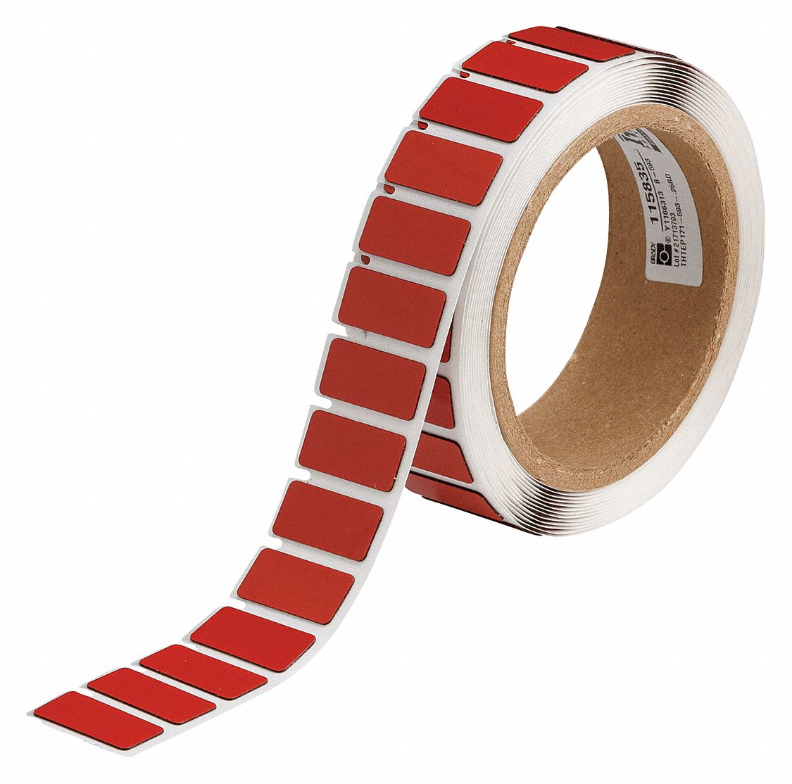 Pre-Cut Label Stock Roll: 31/64 in x 1 19/32 in, Polyester, Red (Gloss), 250 Labels per Roll