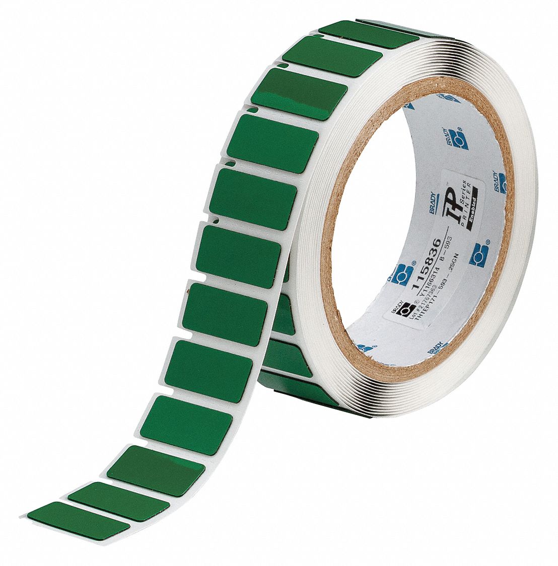 Pre-Cut Label Stock Roll: 31/64 in x 1 19/32 in, Polyester, Green (Gloss), 250 Labels per Roll