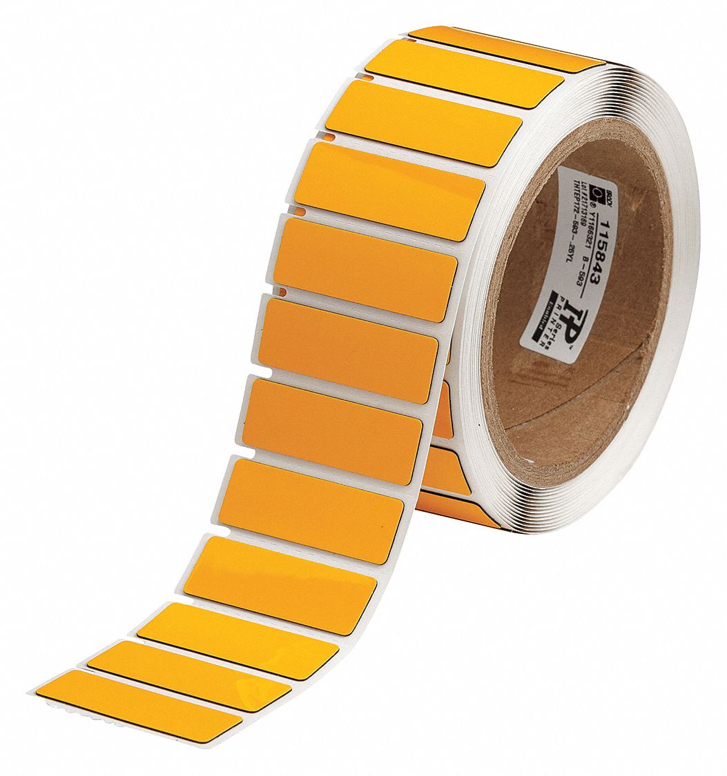 Pre-Cut Label Stock Roll: 19/32 in x 1 49/64 in, Polyester, Yellow (Gloss), 250 Labels per Roll