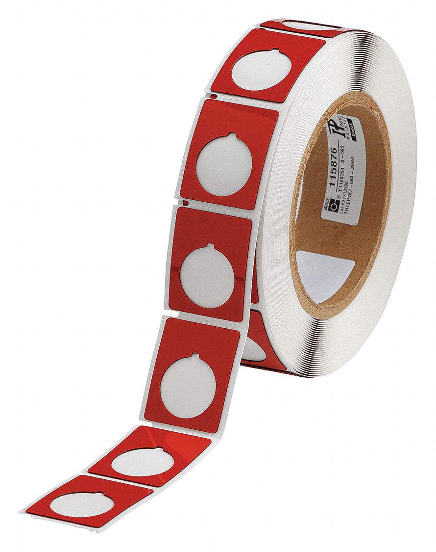Pre-Cut Label Stock Roll: 1 1/2 in x 1 13/64 in, Polyester, Red (Gloss), 250 Labels per Roll