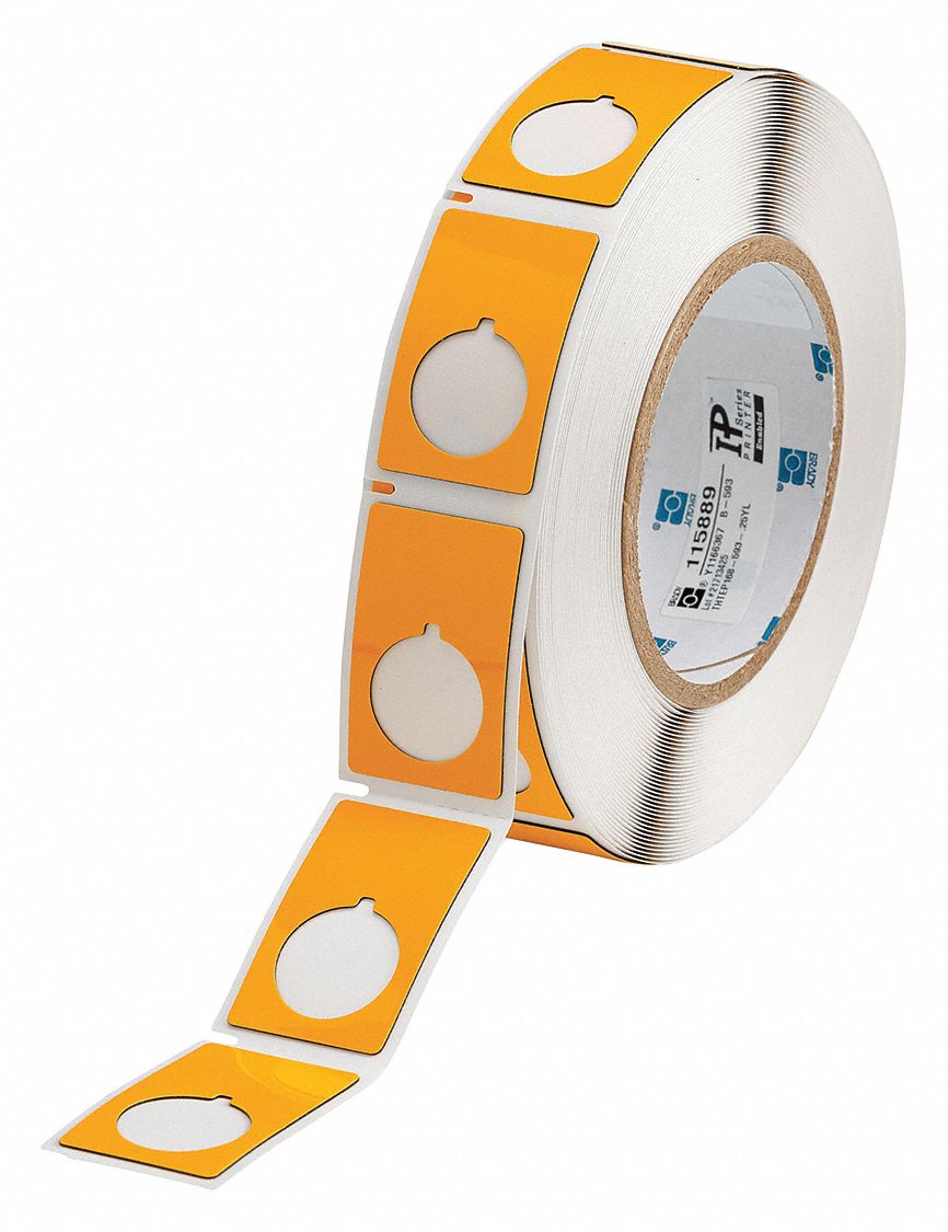 Pre-Cut Label Stock Roll: 1 29/32 in x 1 13/64 in, Polyester, Yellow (Gloss), 250 Labels per Roll