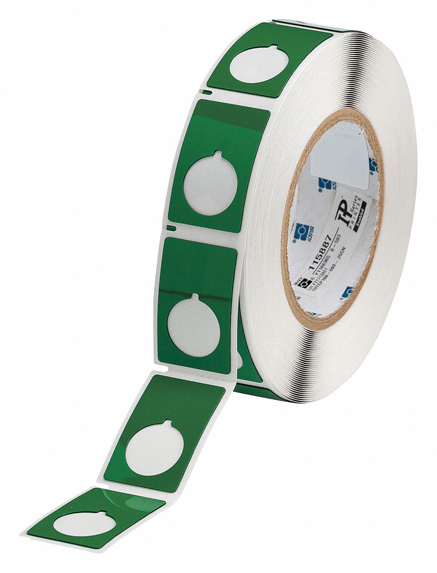 Pre-Cut Label Stock Roll: 1 29/32 in x 1 13/64 in, Polyester, Green (Gloss), 250 Labels per Roll