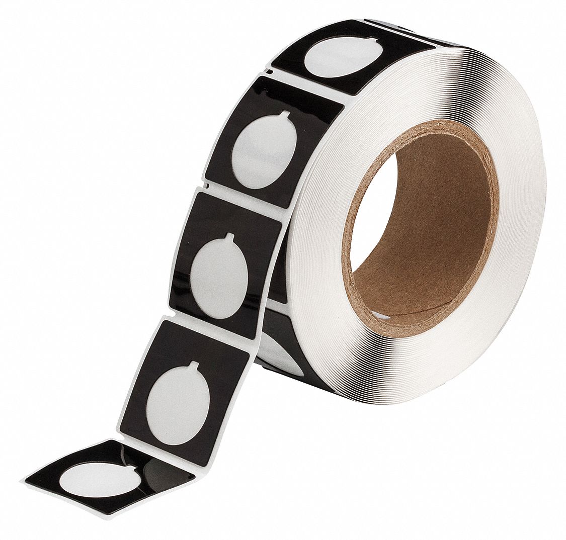 Pre-Cut Label Stock Roll: 1 51/64 in x 1 51/64 in, Polyester, Black (Gloss), 250 Labels per Roll