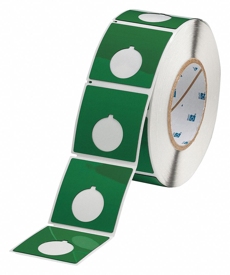 Pre-Cut Label Stock Roll: 2 13/32 in x 2 13/32 in, Polyester, Green (Gloss), 250 Labels per Roll