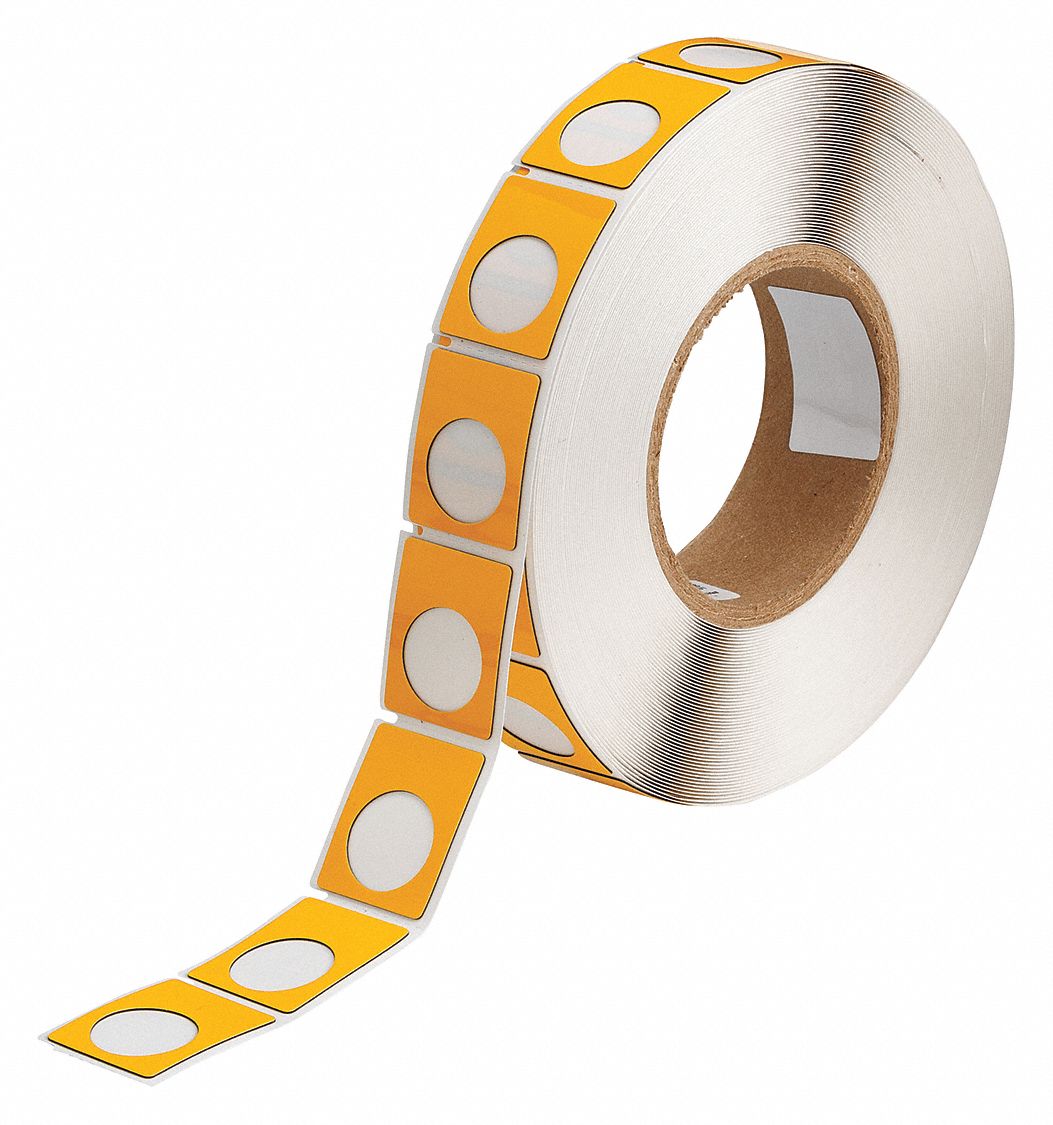 Pre-Cut Label Stock Roll: 1 1/2 in x 1 13/64 in, Polyester, Yellow (Gloss), 500 Labels per Roll