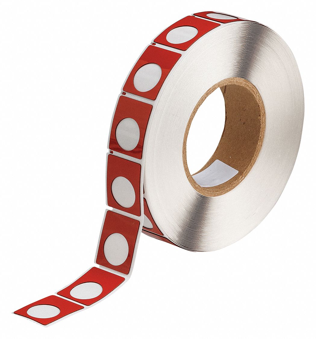 Pre-Cut Label Stock Roll: 1 1/2 in x 1 13/64 in, Polyester, Red (Gloss), 500 Labels per Roll
