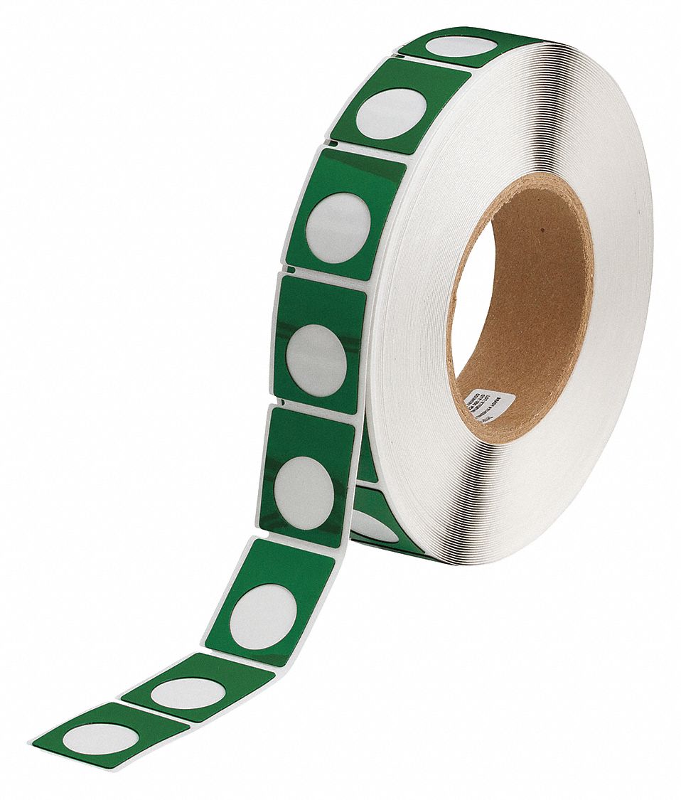 Pre-Cut Label Stock Roll: 1 1/2 in x 1 13/64 in, Polyester, Green (Gloss), 500 Labels per Roll
