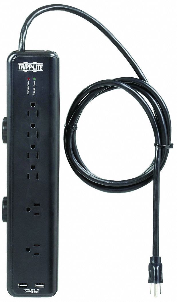 Datacom Surge Protector: 6 Outlets, NEMA 5-15R, NEMA 5-15P, 6 ft Cord Lg, 13 5/8 in Lg
