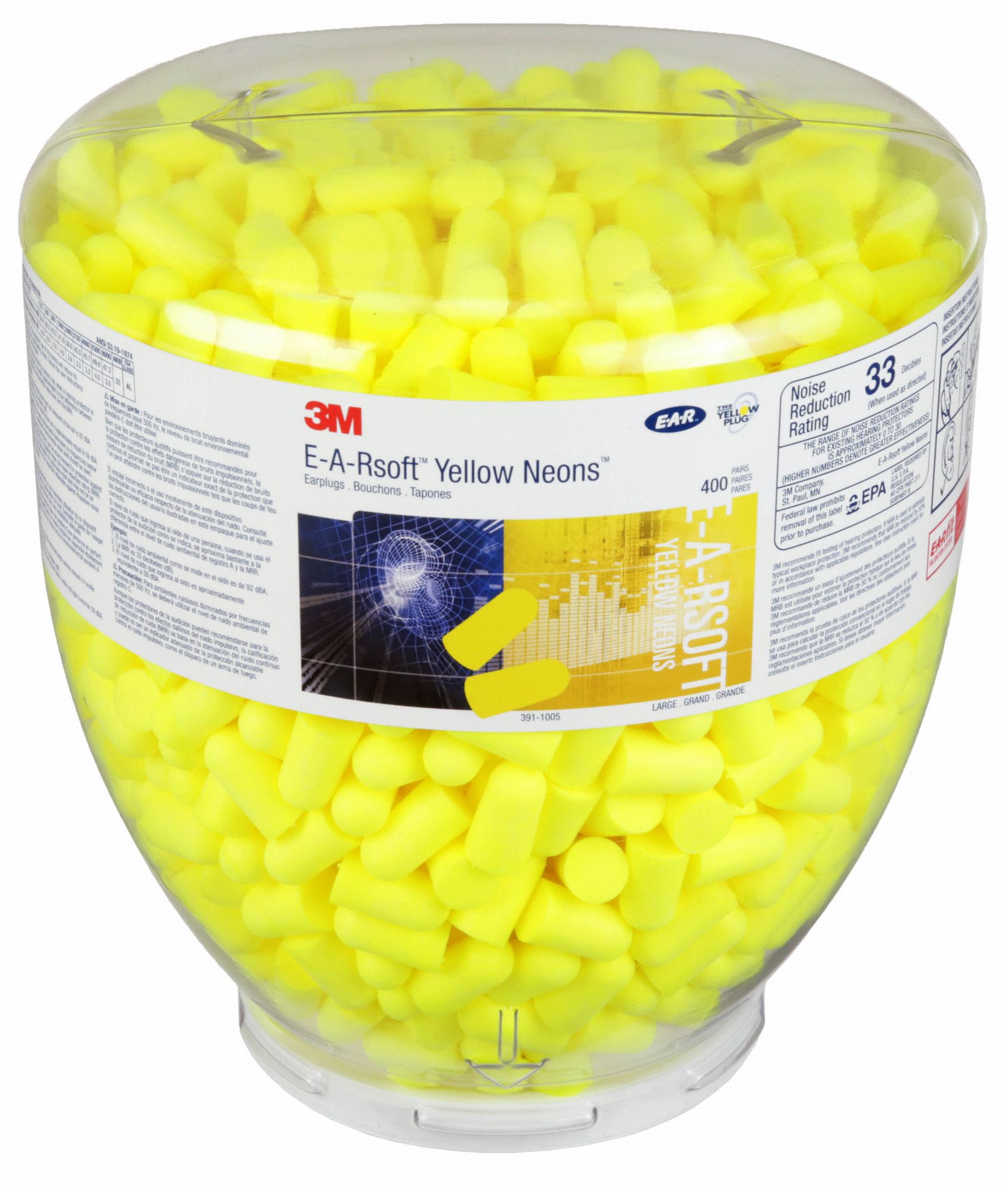 RECHARGE DE DISTRIBUTEUR DE BOUCHONS À OREILLES, JN, MOUSSE, G, CYLINDRE, RUBAN 33 DB, SANS FIL, CSA, JETABLE, 400 PR