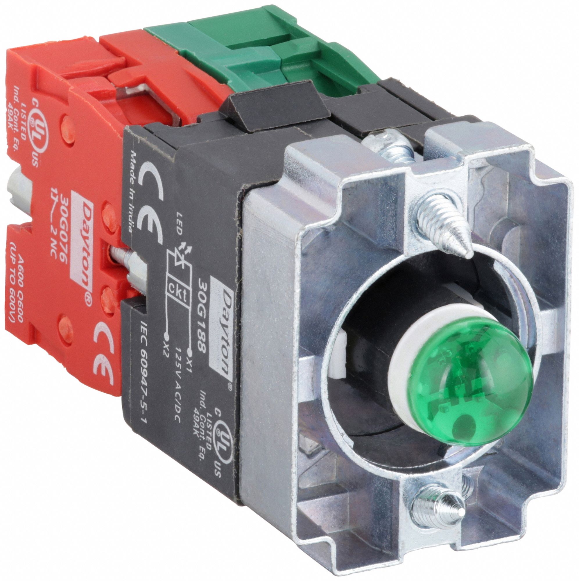 Lamp Module and Contact Block: 22 mm Panel Mounting Size, 1NO/1NC, Green, LED, 120V AC