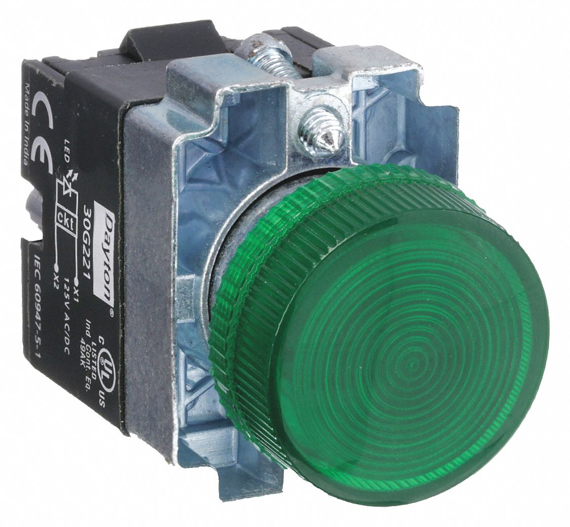 Pilot Light: 22 mm Panel Mounting Size, Green, LED, 120 V AC Max Volt Rating (Supply)