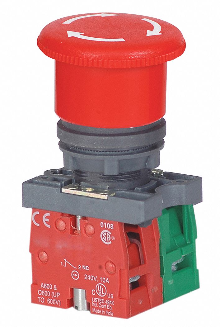 Emergency Stop Push Button: 22 mm Size, Maintained Push / Turn To Release,  Red, 1NO/1NC
