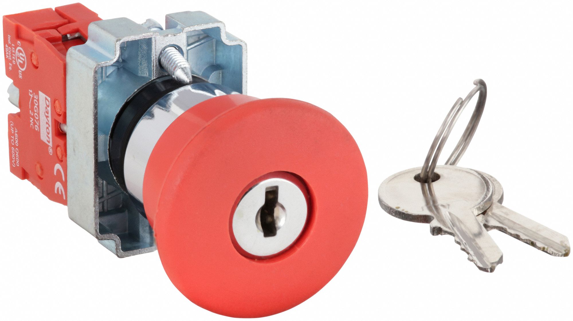 BOUTON POUSSOIR D'ARR&Ecirc;T D'URGENCE, &Agrave; ACTION MAINTENUE / D&Eacute;GAGEMENT PAR CL&Eacute;, 1 NF, M&Eacute;TAL, TAILLE DE MONTAGE 22 MM, ROUGE