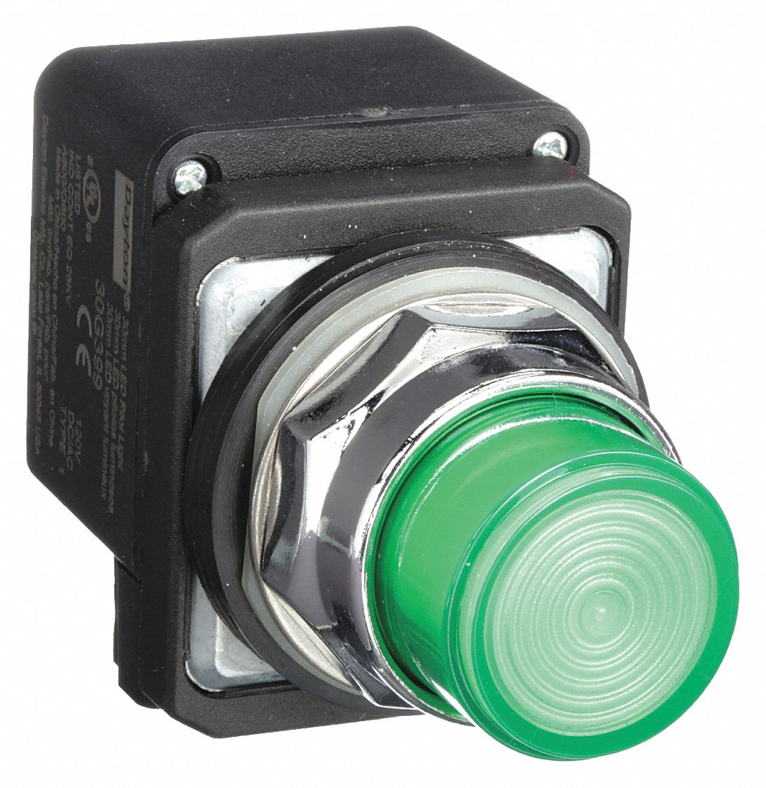 Pilot Light: 30 mm Panel Mounting Size, Green, LED, 120 V AC Max Volt Rating (Supply)