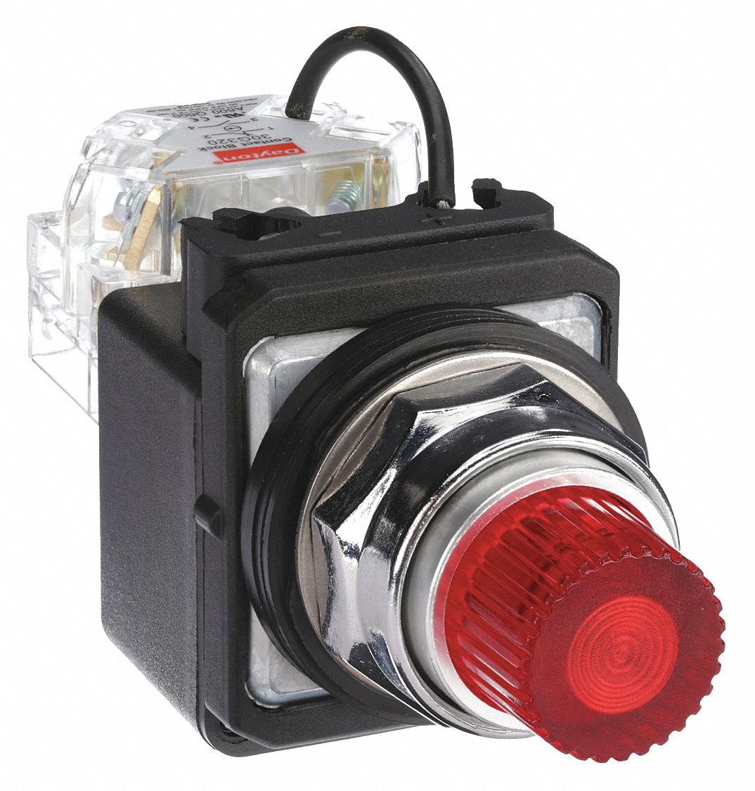 Pilot Light: 30 mm Panel Mounting Size, Red, LED, 120 V AC Max Volt Rating (Supply)