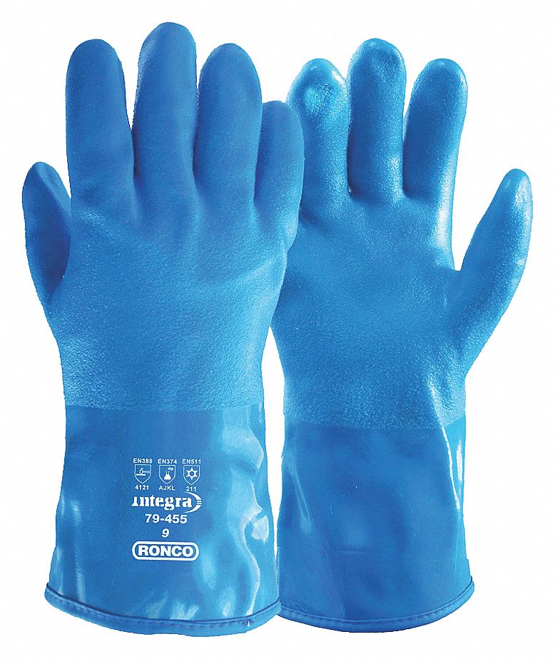 COLD-RESISTANT GLOVES, LINED, GAUNTLET STYLE, SZ L/9, 12 IN L/13 GA THICK, BL/YLW, PVC/FLEECE