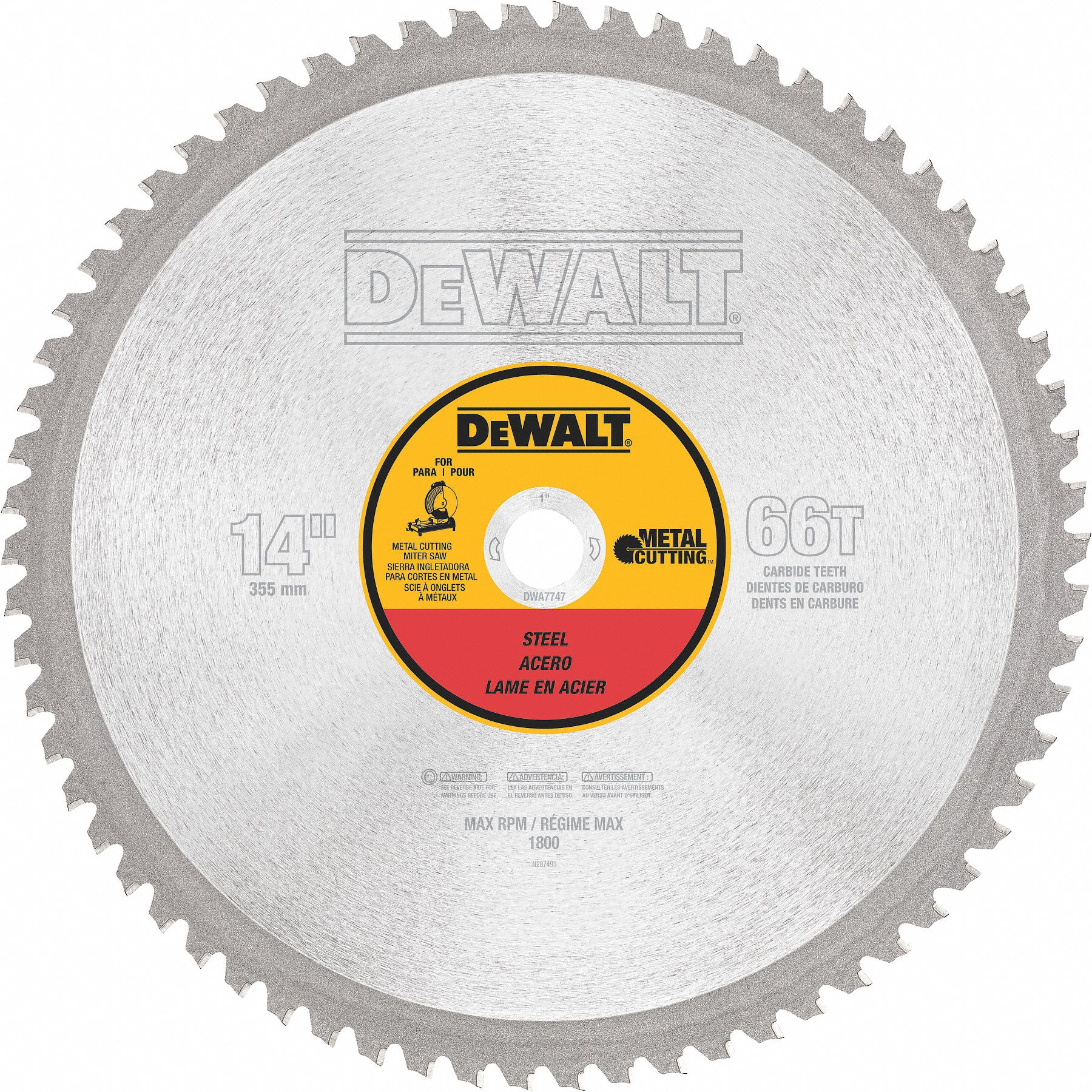 DEWALT Circular Saw Blade: 14 in Blade Dia., 66 Teeth, 0.091 in Cut Wd, 1  in Arbor Size, Solid Stock