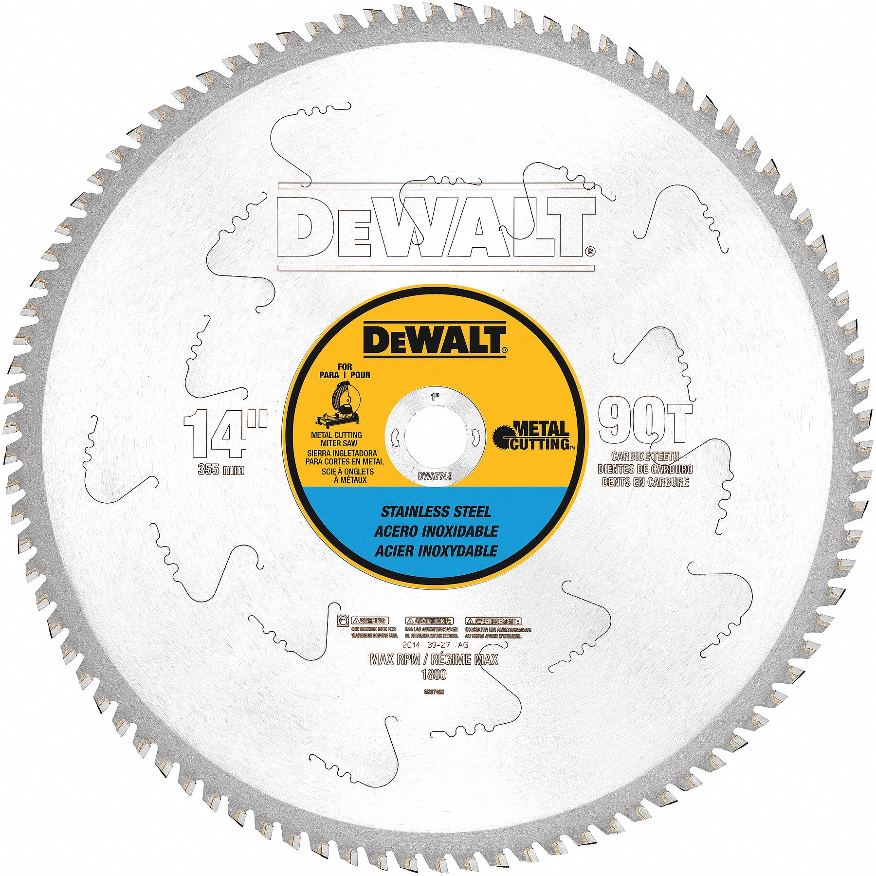 CIRCULAR SAW BLADE, CARBIDE, 14 IN DIA, 90 TEETH, 1 IN, 1800 RPM, FOR MITRE/TABLE SAWS