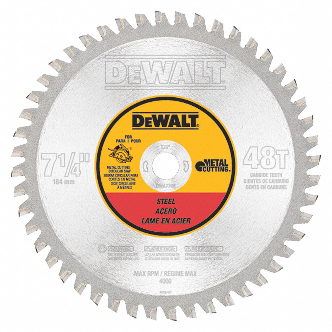 CIRCULAR SAW BLADE, CARBIDE, 7¼ IN DIA, 48 TEETH, ⅝ IN, 4000 RPM, FOR METALS/STEEL