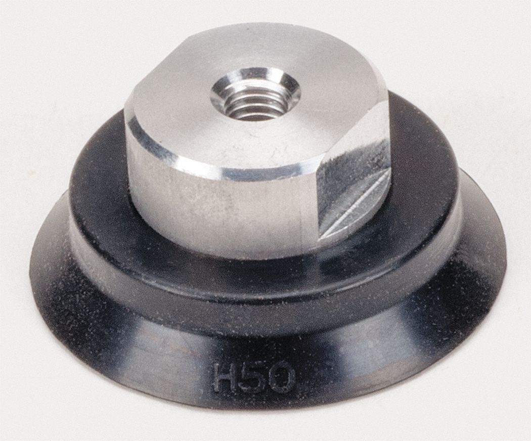 Vacuum Pad Assembly: Flat, M8x1.25, 50 mm Pad Dia, NBR, Black, 50A, 23 mm Pad Ht