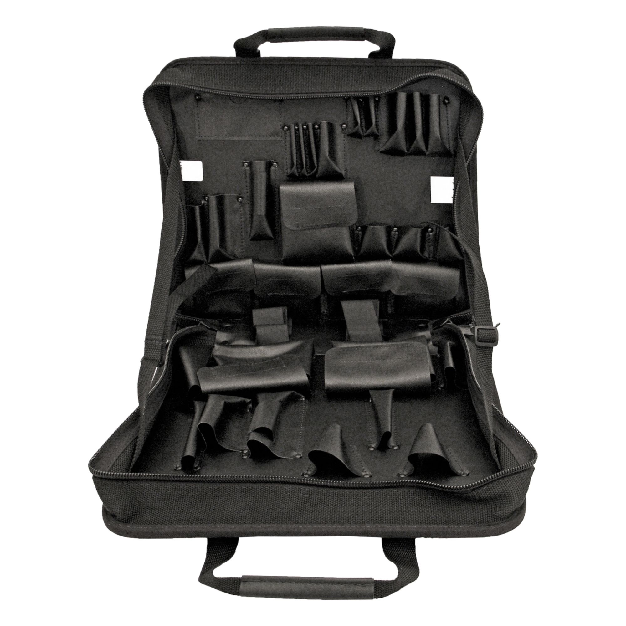 Tool Bag: 15 1/2 in W x 3 in D x 3 1/4 in H, Black, Nylon, 26 Pockets, 24 Inside Pockets