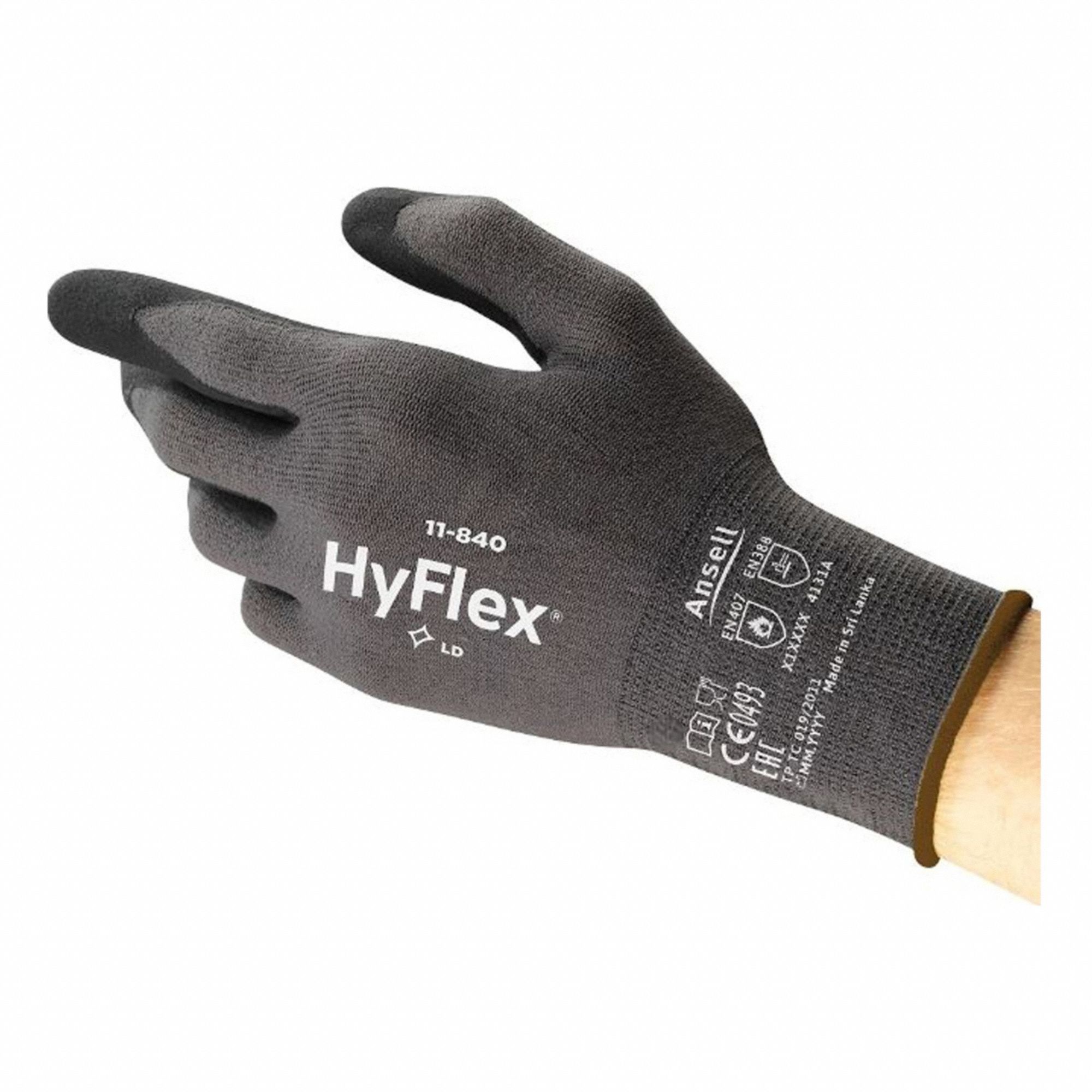 COATED GLOVES, S (7), ROUGH, FOAM NITRILE, DIPPED PALM, ANSI ABRASION LEVEL 4, BLACK/GREY, HYFLEX 11-840