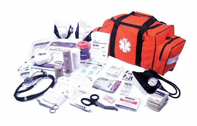 First Aid Kit,  Number of Components 58,  People Served 1 to 6,  Orange,  7 in Height,  10 in Width