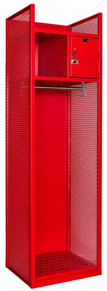 Gear Locker: 24 3/4 in x 22 in x 84 in, Steel, 2 Shelves, 2 Compartments, Red, Open Front