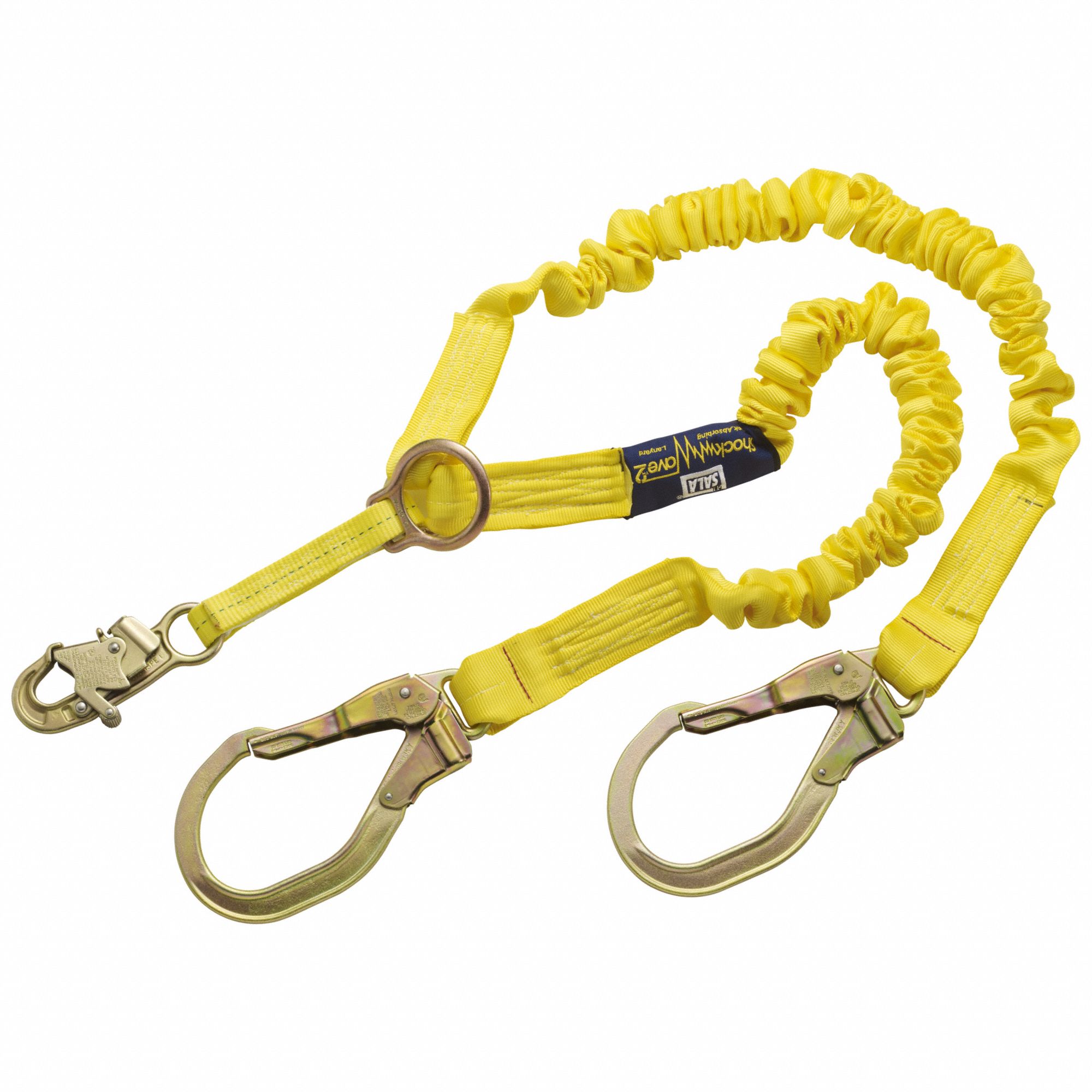 Shock-Absorbing Lanyard: Tubular Webbing, Steel Rebar Hook, Steel Snap Hook, 2 Legs