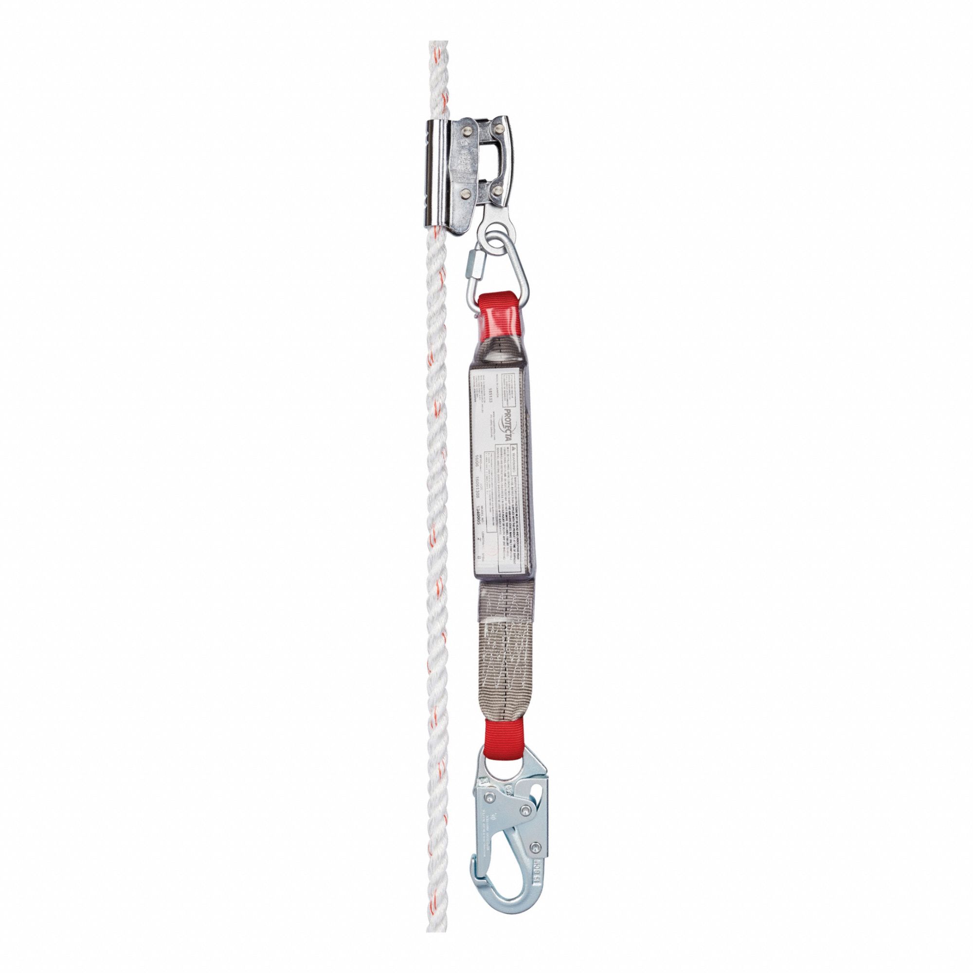 Rope Grab: 310 lb Capacity, Steel, Shock-Absorbing Lanyard, 2 ft Lanyard Lg, Red/Silver