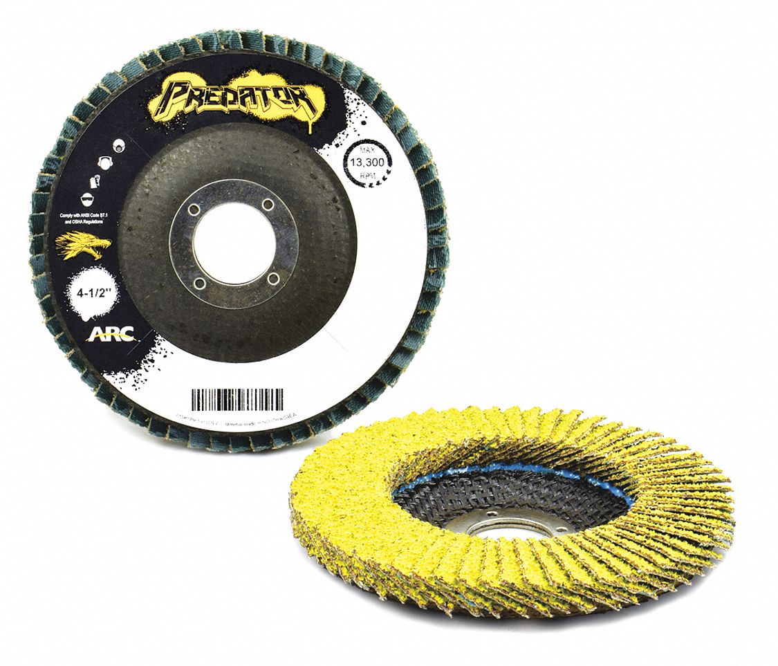 Flap Disc: Type 27, 4-1/2" x 7/8", Ceramic, 36 Grit, Fiberglass Bk, Std Density