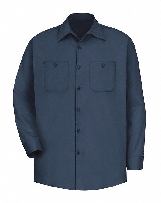 Mens Cotton Work Shirt Navy, M: Men's, Long Sleeve, Regular, 15 1/2 in Neck Size, Navy